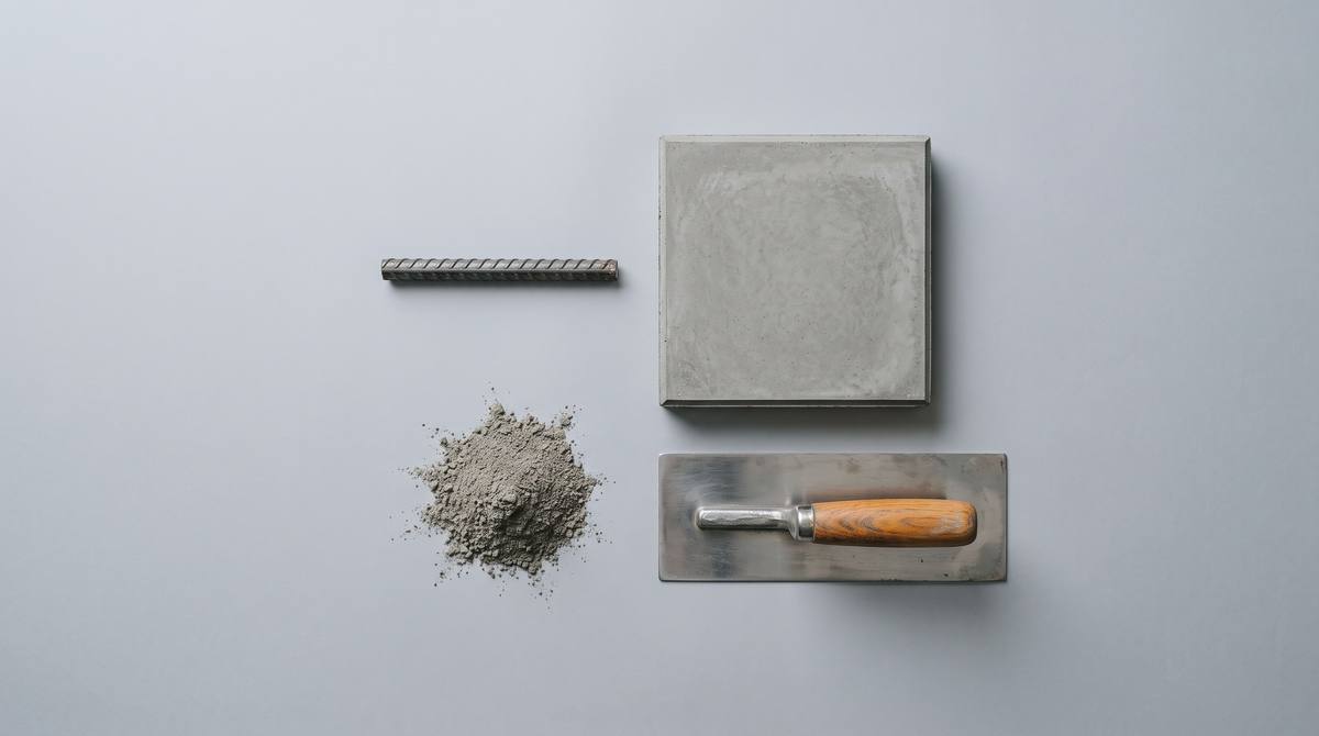A concrete sample slab with a hand float and a piece of rebar on grey paper