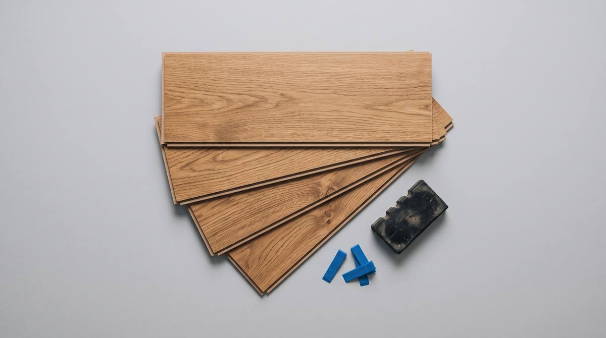 Oak laminate planks with click-lock edges, a tapping block and spacers on grey paper